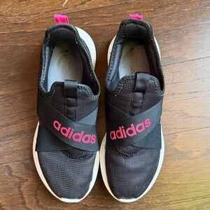 adidas Kids (Girls Size 8) Black Slip-On Sneakers with Pink Logo Accents